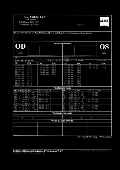 Gescannter IOLMaster-Ausdruck vom 22.10.2025: rechtes Auge 25.08 mm, linkes Auge 24.35 mm (Hochkontrast-Fassung)