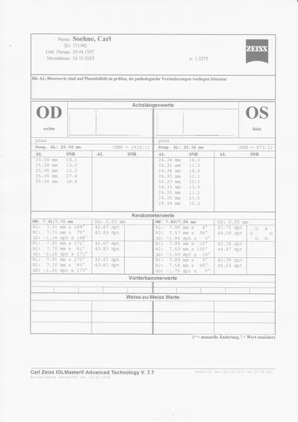 Gescannter IOLMaster-Ausdruck vom 24.10.2025: rechtes Auge 25.06 mm, linkes Auge 24.34 mm