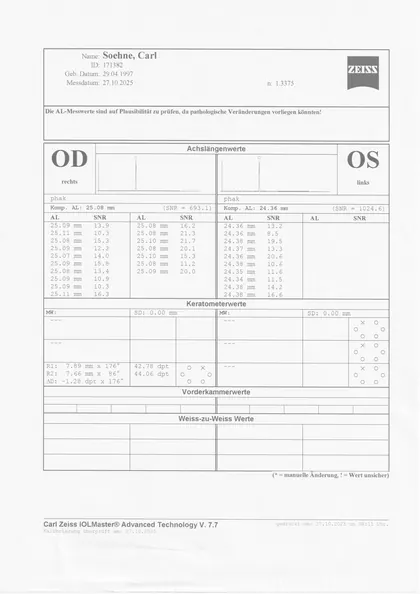 Gescannter IOLMaster-Ausdruck vom 27.10.2025: rechtes Auge 25.08 mm, linkes Auge 24.36 mm