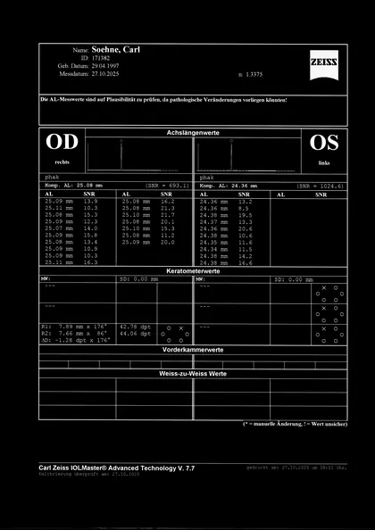 Gescannter IOLMaster-Ausdruck vom 27.10.2025: rechtes Auge 25.08 mm, linkes Auge 24.36 mm (Hochkontrast-Fassung)