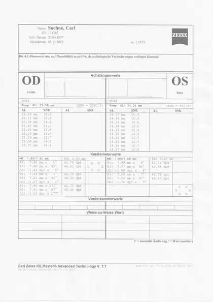 Gescannter IOLMaster-Ausdruck vom 05.11.2025: rechtes Auge 25.08 mm, linkes Auge 24.34 mm
