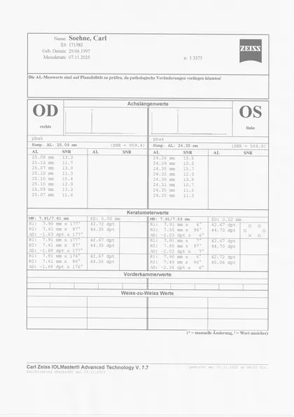 Gescannter IOLMaster-Ausdruck vom 07.11.2025: rechtes Auge 25.09 mm, linkes Auge 24.35 mm