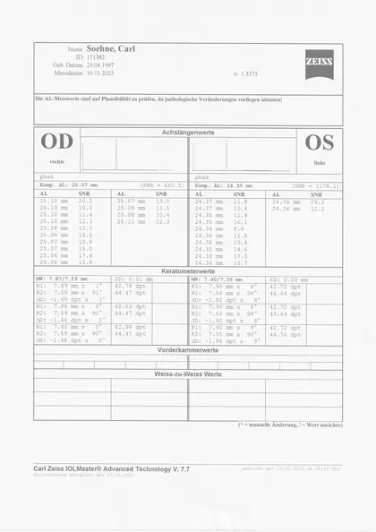 Gescannter IOLMaster-Ausdruck vom 10.11.2025: rechtes Auge 25.07 mm, linkes Auge 24.35 mm