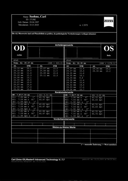 Gescannter IOLMaster-Ausdruck vom 10.11.2025: rechtes Auge 25.07 mm, linkes Auge 24.35 mm (Hochkontrast-Fassung)