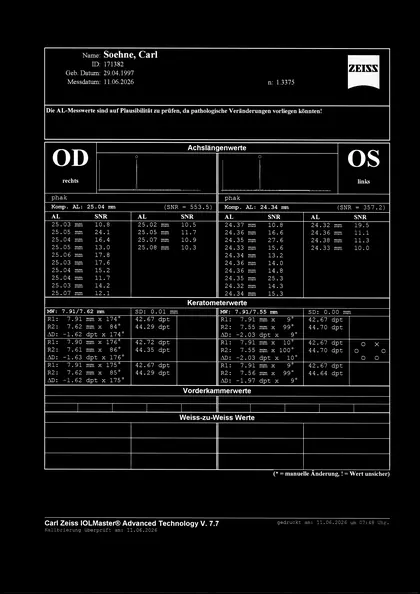 Gescannter IOLMaster-Ausdruck vom 11.06.2026: rechtes Auge 25.04 mm, linkes Auge 24.34 mm (Hochkontrast-Fassung)