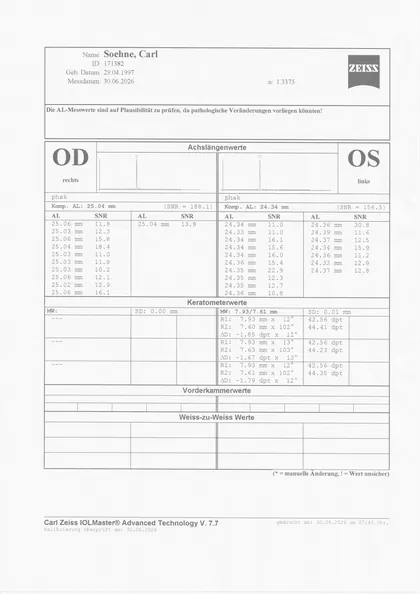 Gescannter IOLMaster-Ausdruck vom 30.06.2026: rechtes Auge 25.04 mm, linkes Auge 24.34 mm