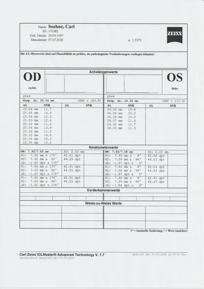 Gescannter IOLMaster-Ausdruck vom 07.07.2026: rechtes Auge 25.04 mm, linkes Auge 24.34 mm