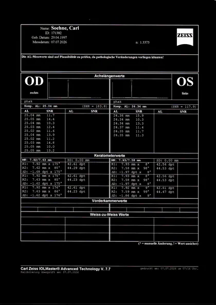 Gescannter IOLMaster-Ausdruck vom 07.07.2026: rechtes Auge 25.04 mm, linkes Auge 24.34 mm (Hochkontrast-Fassung)