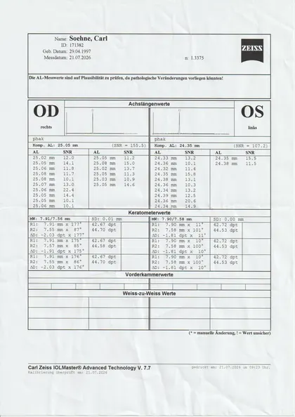 Gescannter IOLMaster-Ausdruck vom 21.07.2026: rechtes Auge 25.05 mm, linkes Auge 24.35 mm