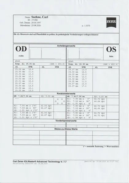 Gescannter IOLMaster-Ausdruck vom 25.08.2026: rechtes Auge 25.04 mm, linkes Auge 24.35 mm
