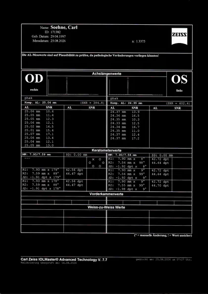 Gescannter IOLMaster-Ausdruck vom 25.08.2026: rechtes Auge 25.04 mm, linkes Auge 24.35 mm (Hochkontrast-Fassung)