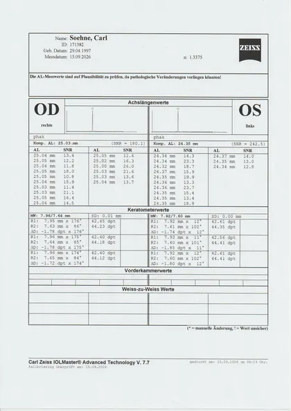 Gescannter IOLMaster-Ausdruck vom 15.09.2026: rechtes Auge 25.03 mm, linkes Auge 24.35 mm