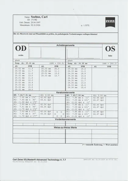 Gescannter IOLMaster-Ausdruck vom 02.10.2026: rechtes Auge 25.02 mm, linkes Auge 24.35 mm