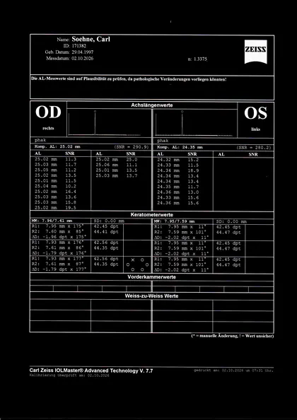 Gescannter IOLMaster-Ausdruck vom 02.10.2026: rechtes Auge 25.02 mm, linkes Auge 24.35 mm (Hochkontrast-Fassung)